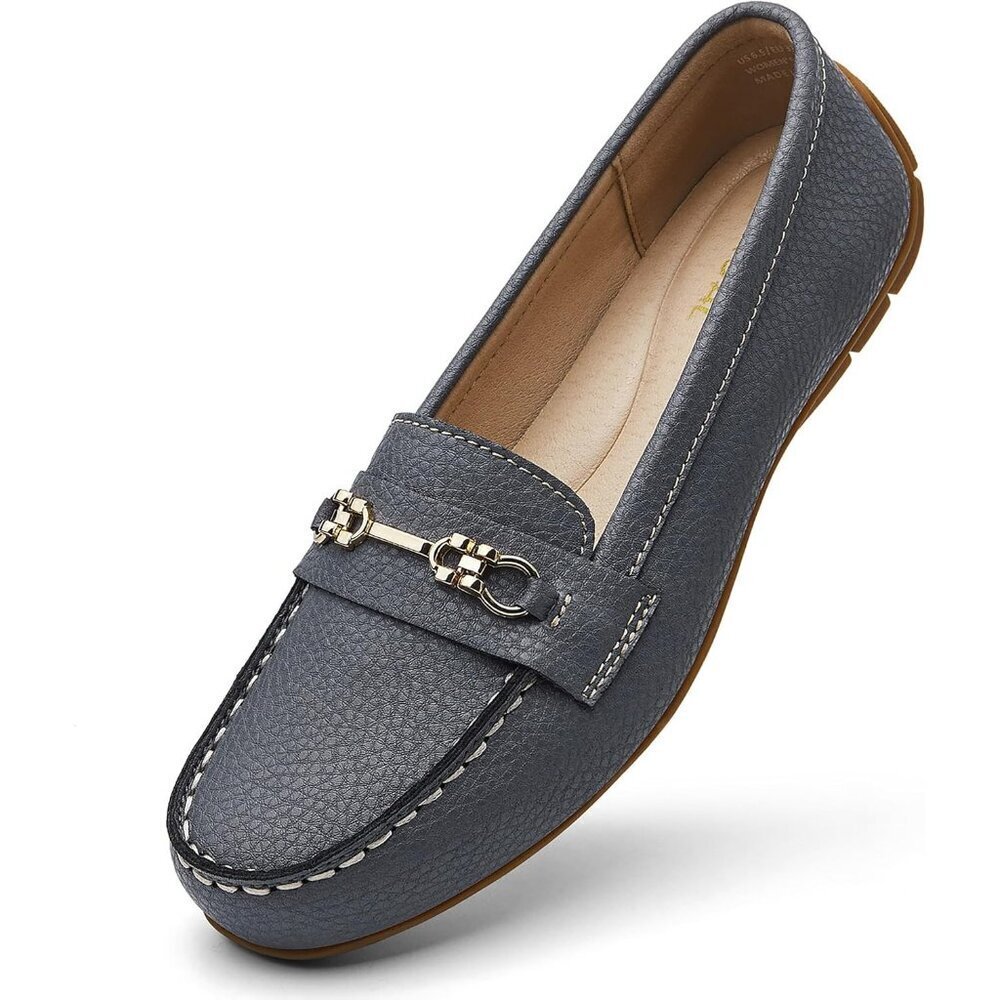Kordal Women's Grey Leather Gold Accent Buckle Slip-Ons Walking Flats Loafers